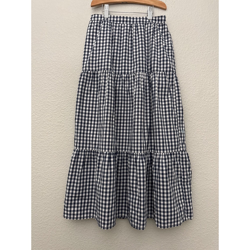 Abercrombie & Fitch Blue White Gingham Tiered Midi Skirt Boho Cottagecore XS